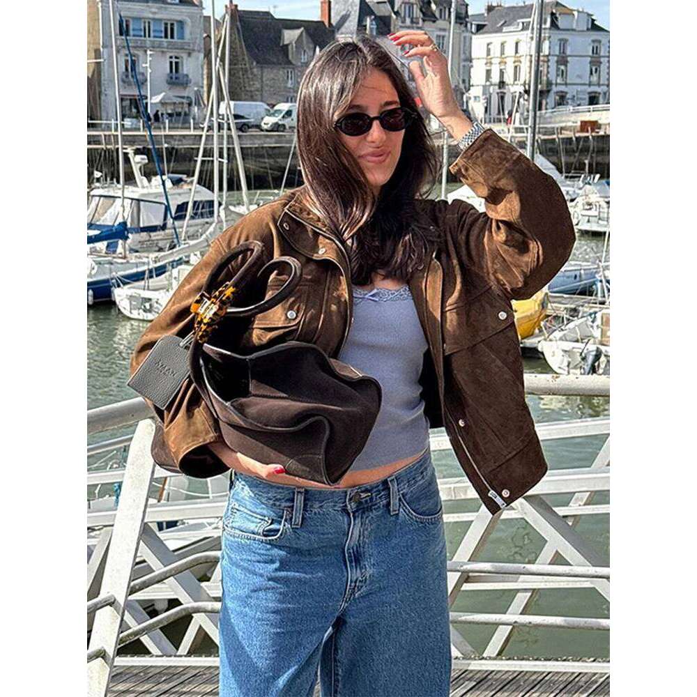 Street Suede Women's Jackets Vintage Brown Lapel Long Sleeve Female Crop Coat 2025 Spring Fashion Pocket Loose Lady Outwears