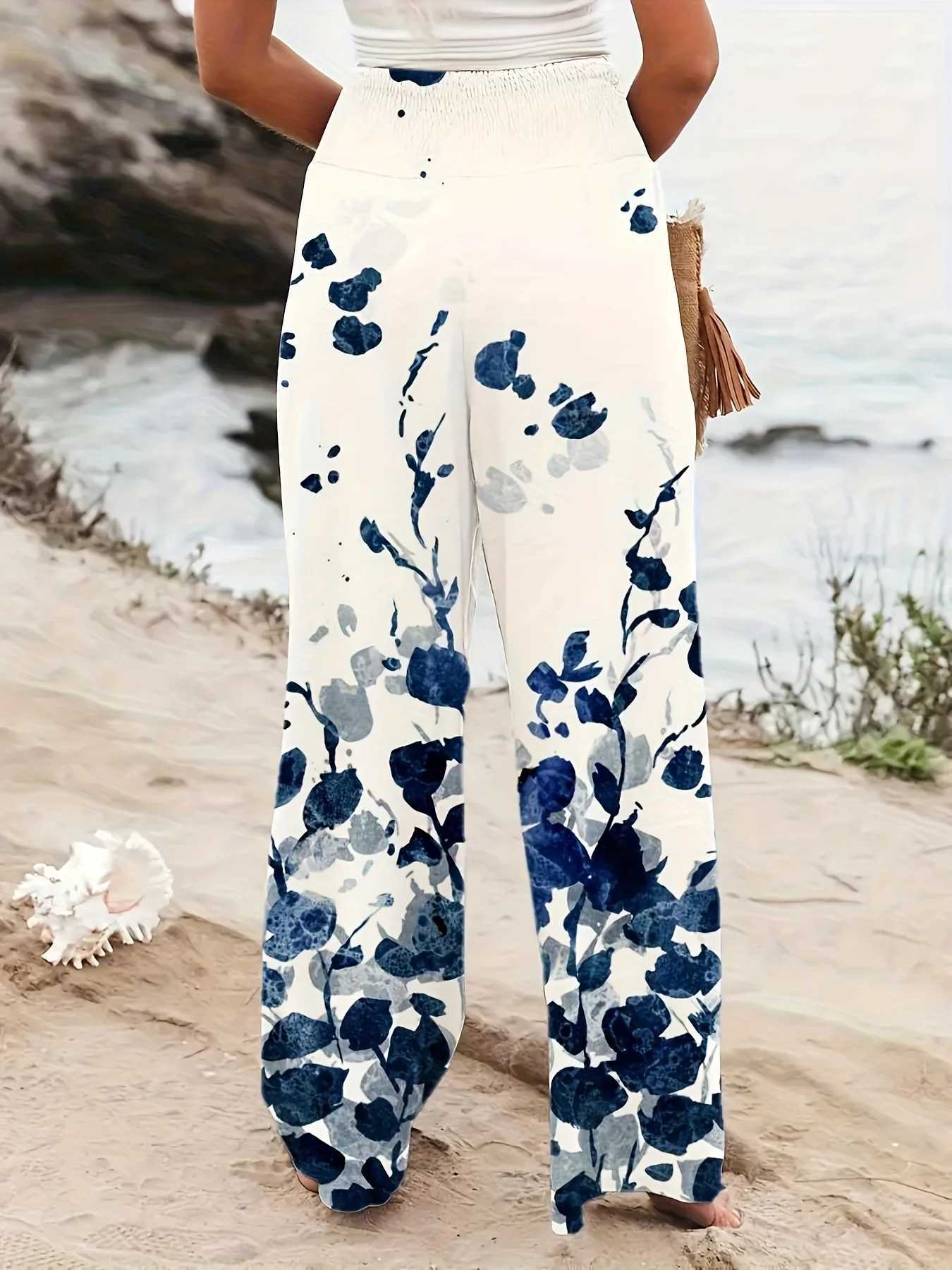 European and American fashion womens comfortable and casual simple loose wide-leg pants with floral print womens trousers. XJ250616