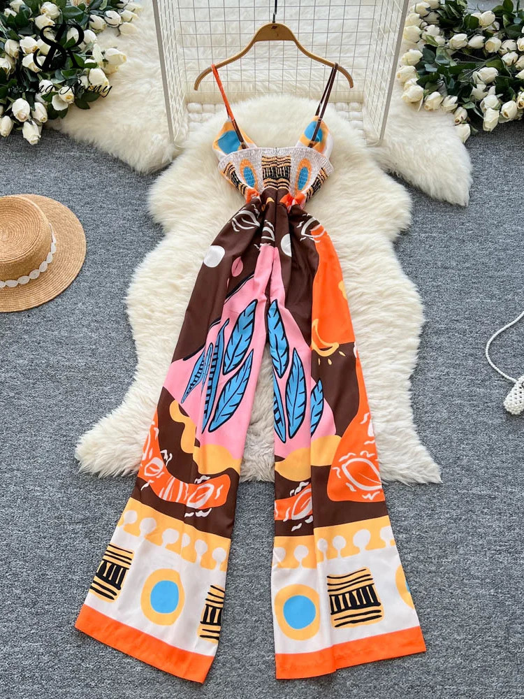 SINGREINY Holiday Casual Long Jumpsuits Female Strap Cross V Neck Ruched Slim Backless Playsuits Summer Beach Print Rompers 250612