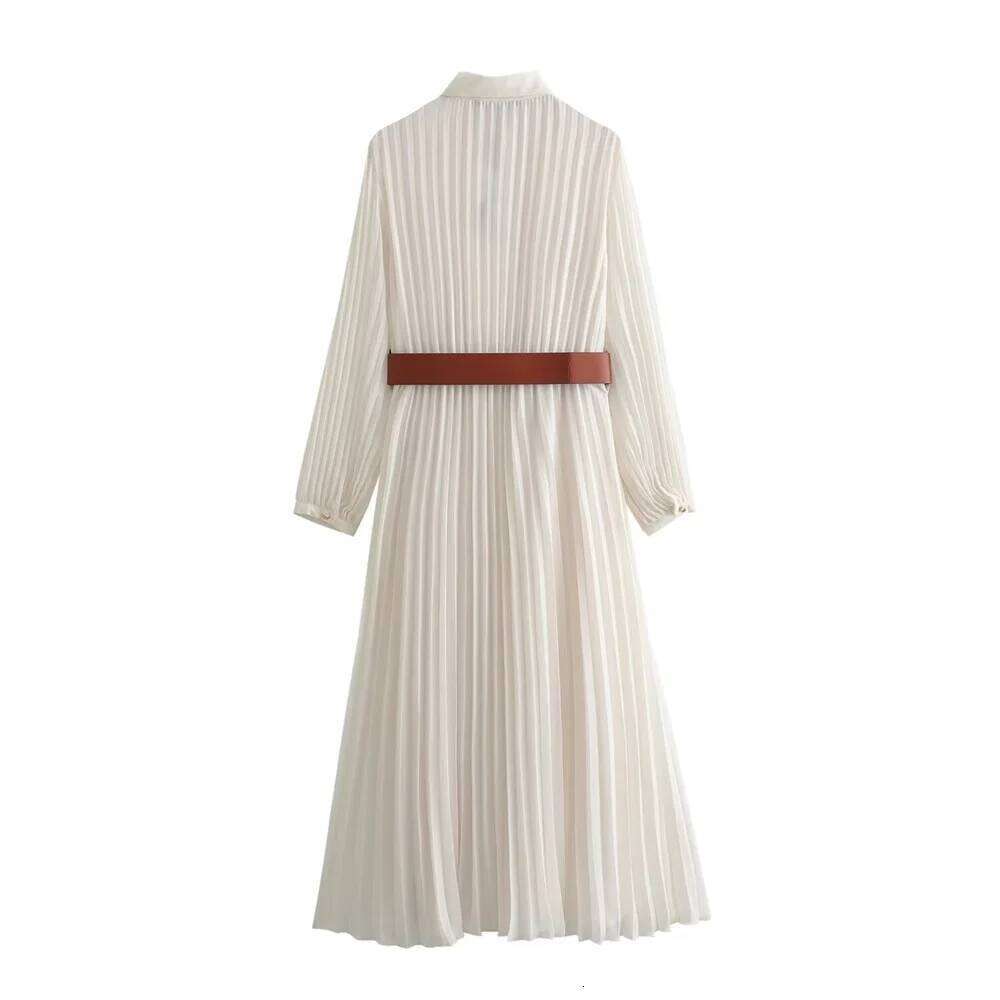 2025 Spring New Product Women's Fashion Casual Slimming Flip Collar Long Sleeves With Belt Midi Pleated Dress