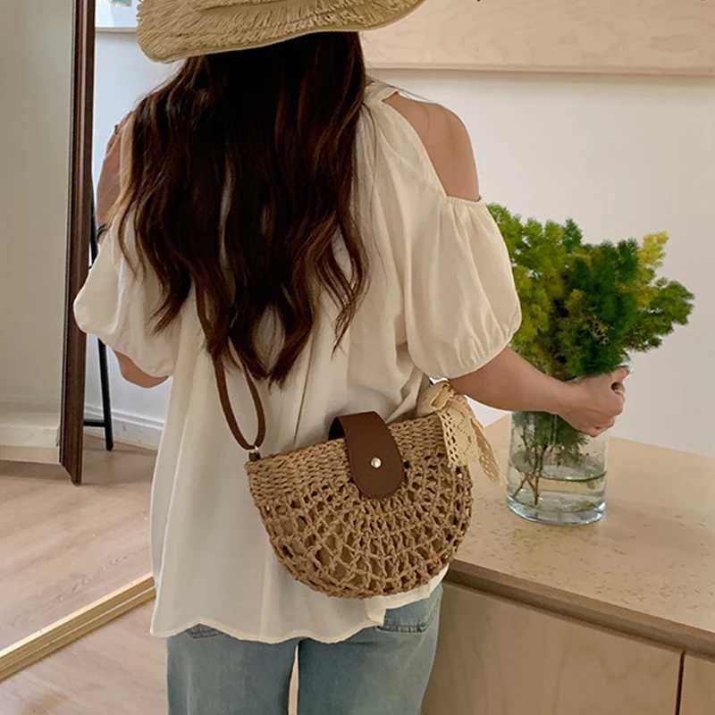 Ladies Crochet Shoulder Bag with Adjustable Strap Semicircle Straw Handbag Knitting Crossbody Bag Travel Vacation Commute Bag XJ2520616