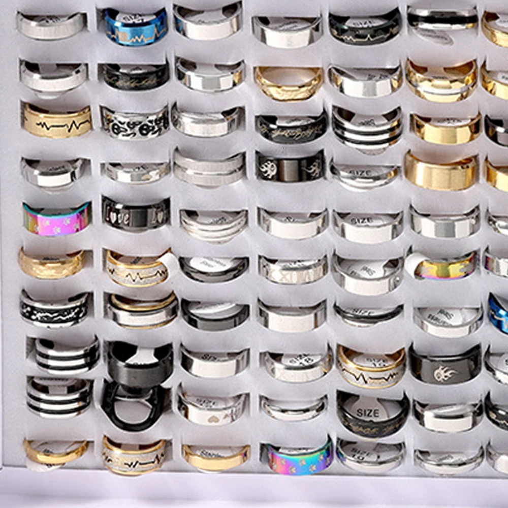 Fashion Jewelry Wholesale 100pcs/Lots Stainless Steel Rings Party Gift Wedding Rings Mix Style Mens Rings 250701