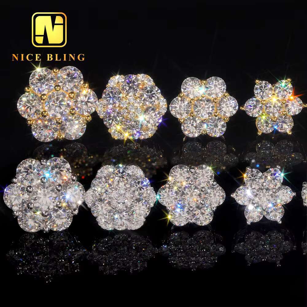 Ready to Ship FULL SIZES Moissanite Flower Stud Earrings Cluster Ear Studs Pass Diamond Tester Hip Hop 925 Silver Gold Plated
