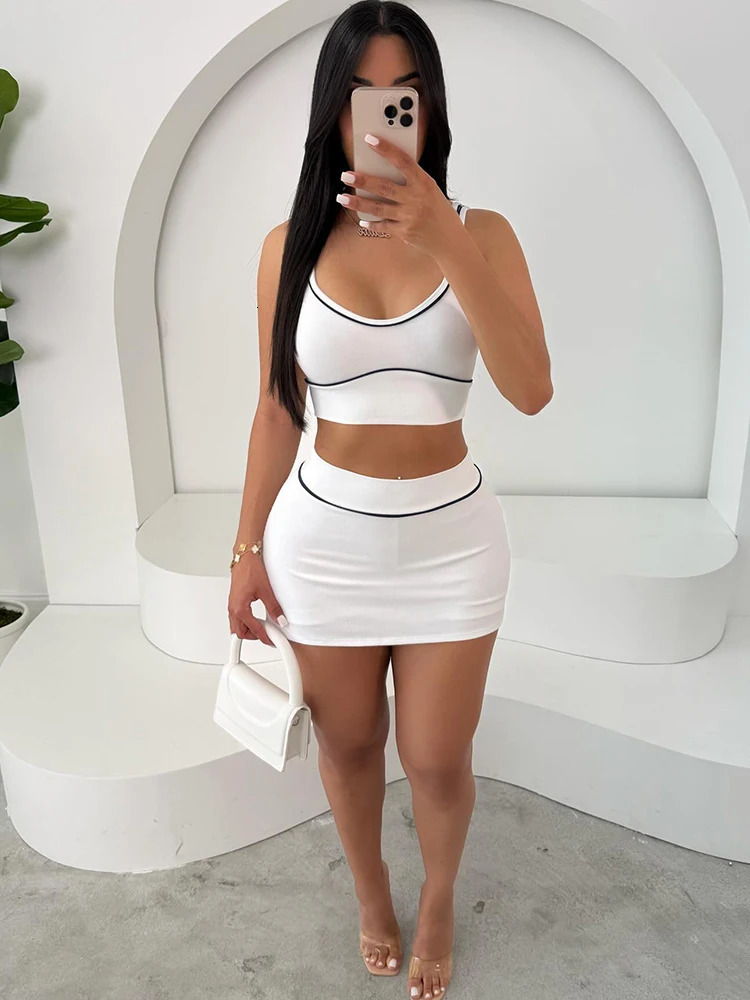 Sisterlinda Summer Matching 2 Piece Set Stripe Panelled Square Neck CamisHigh Waist Slim Skirts Female Coordinate Active Outfit 250609