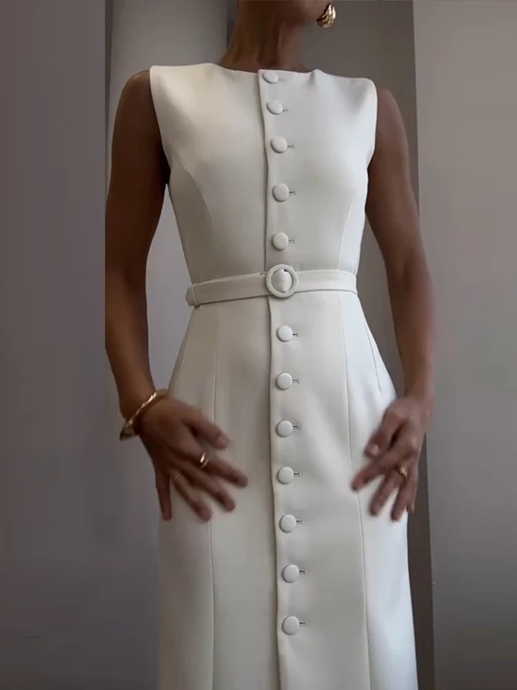 Elegant Single Breasted Tank Dress Women Belts Sleeveless O-neck Slim Solid 2025 Spring Dresses Commute Street Split Lady Robe 250614