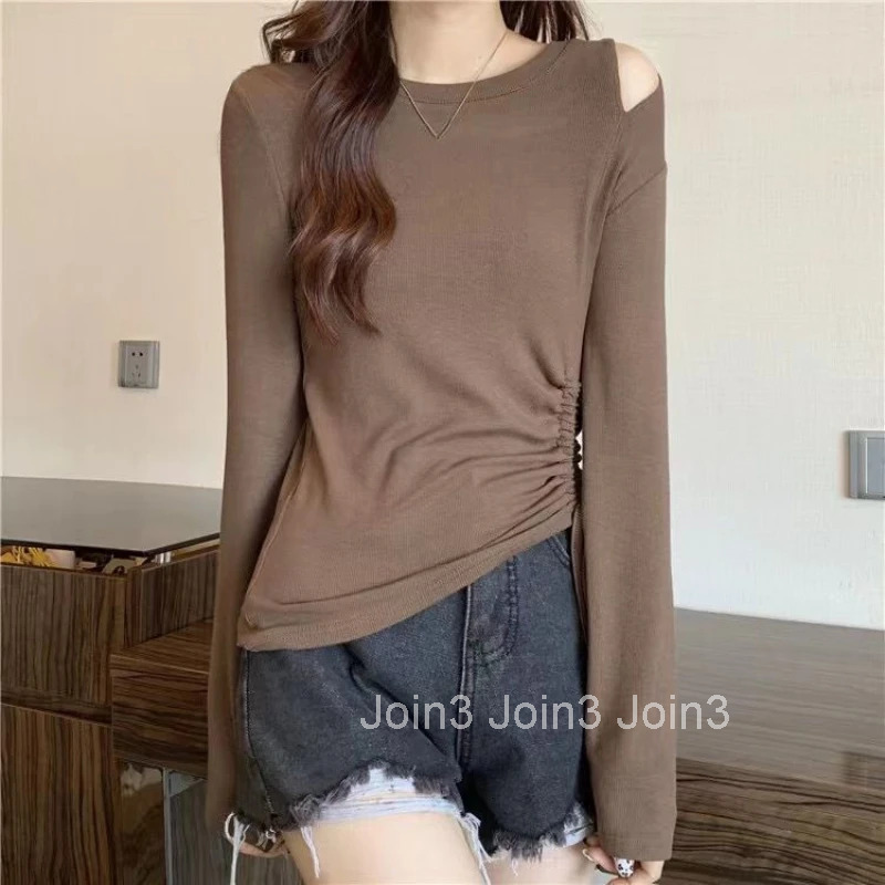 Slim Womens T Shirts 2025 Brown Clothes Off Shoulder Female Tops Plain Aesthetic Tshirts 90s Vintage New in Korea Stylish Tees