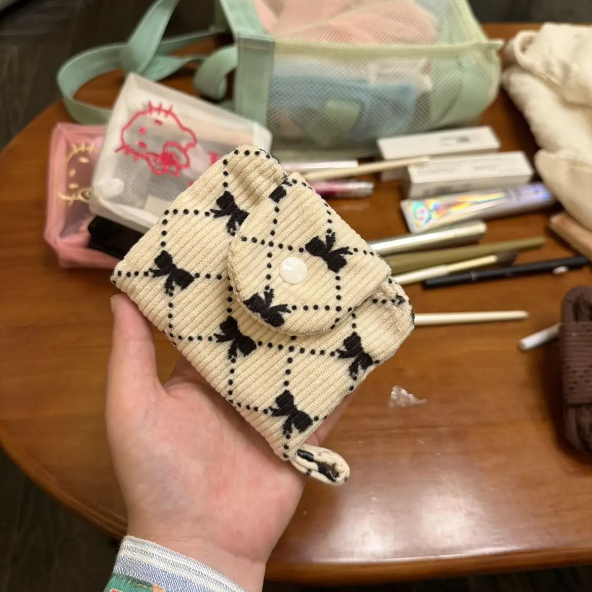 1 Piece INS Casual Corduroy Bow Coin Card Purse for Student Girl Portable Kpop Pocard ID Bank Card Wallet Korean Fashion Bag 250614