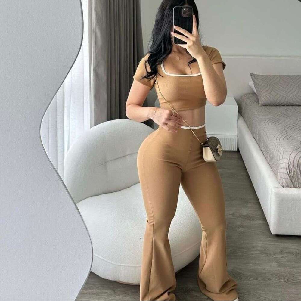 New Fashion Solid Color Casual Sports Style Slim Fit Top Short Sleeve Flared Long Pants Set For Women B5