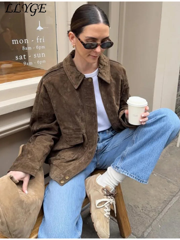 Vintage Womens Suede Bomber Jackets Fashion Lapel Zipper Full Sleeve Pocket Coats 2025 Spring Lady Elegant Casual Outwear 250614