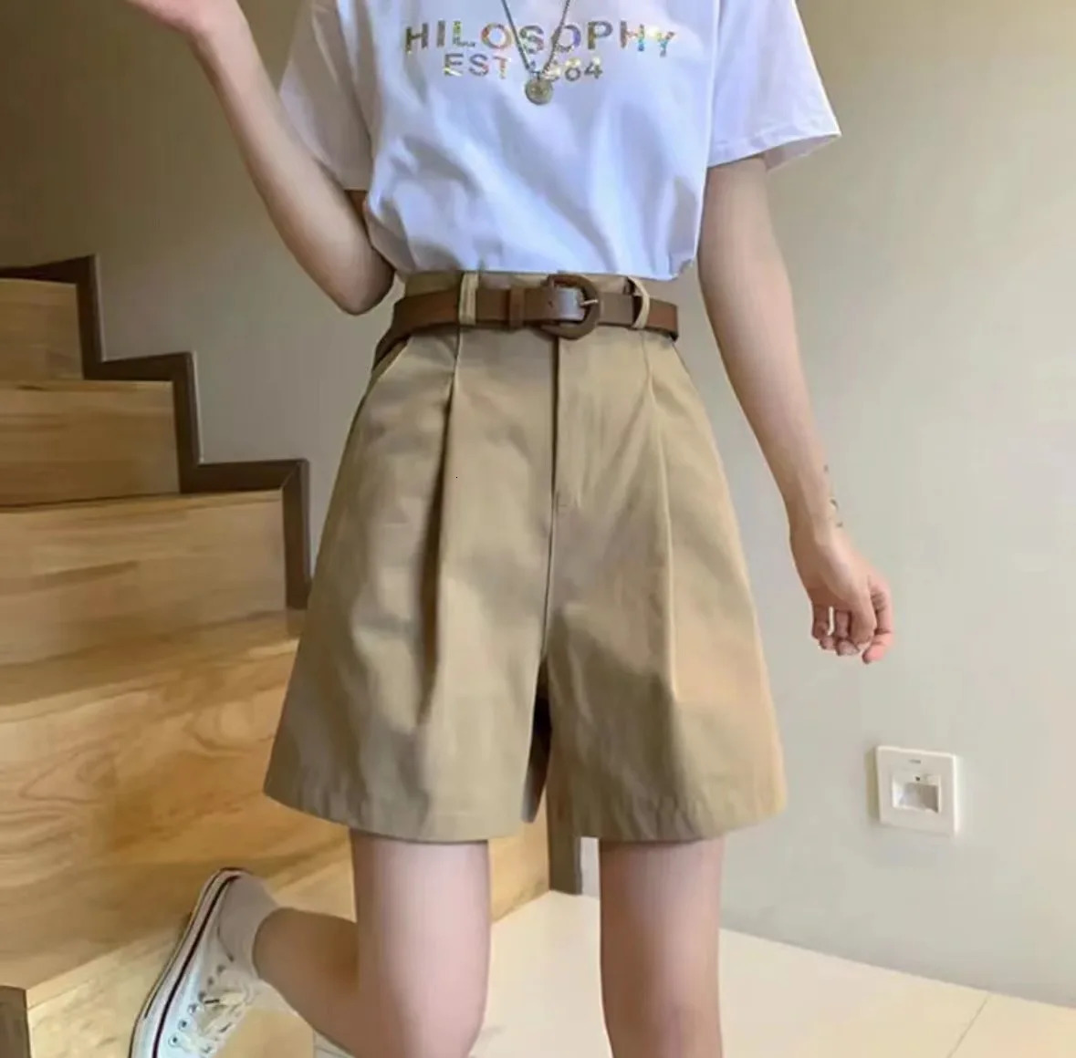 Loose Casual Shorts Women Summer Cargo Wide Leg Pants High Waist Stretchy Pure Color 250609