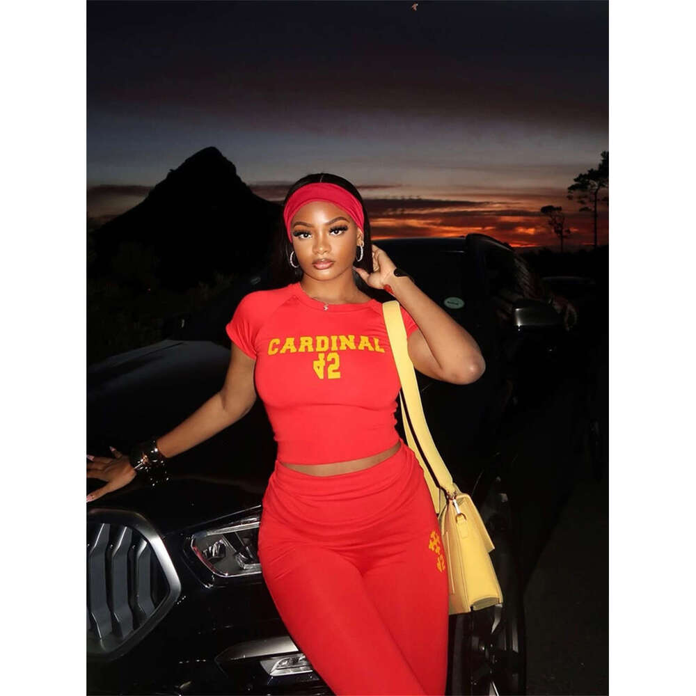 New Sports Style Fashion Printed Slim Fit Sexy Short Sleeve Top And Long Pants Set For Women B5