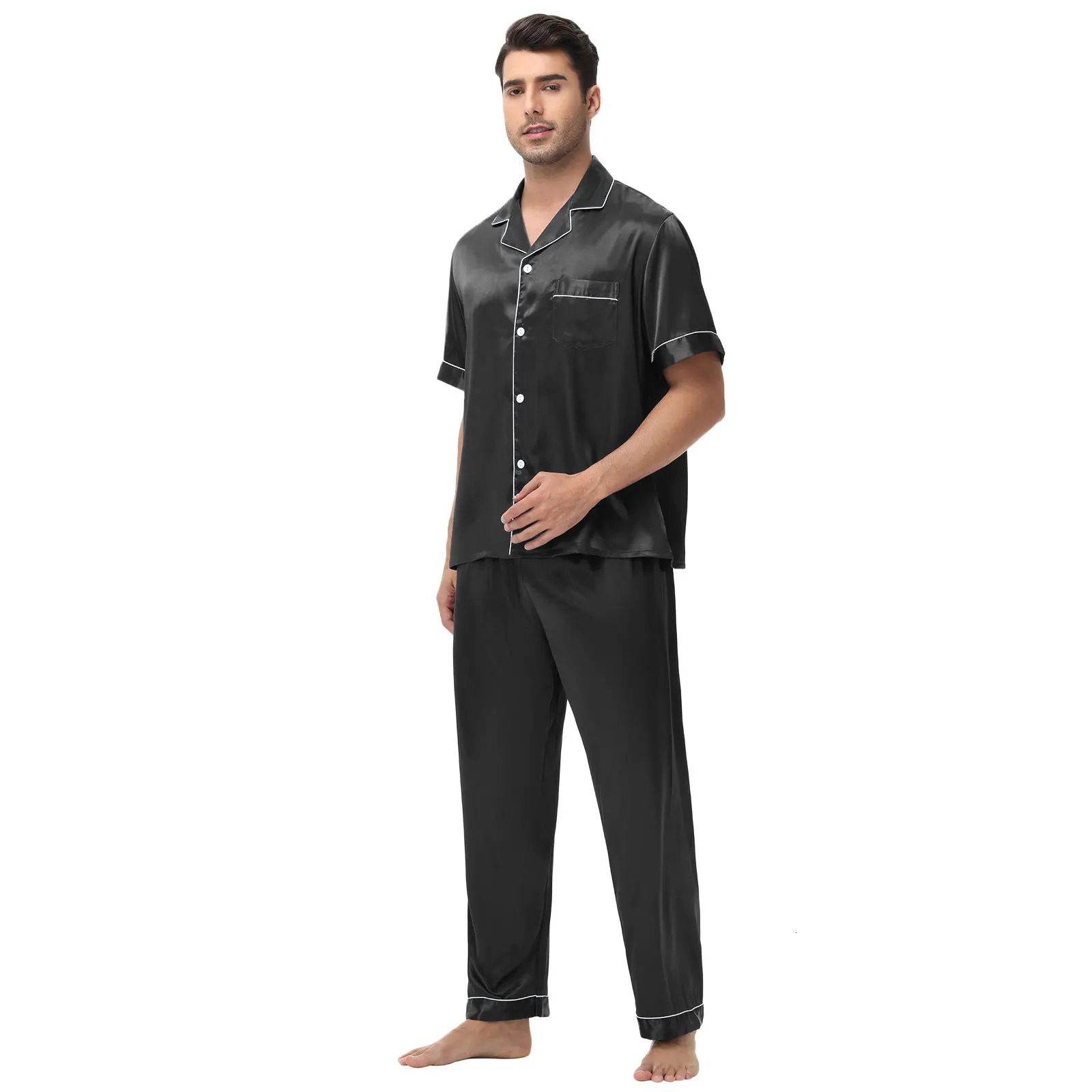 Mens Silky Solid Color Lapel Short Sleeve Long Pants Elegant Pajama Set Comfortable Skinfriendly Style Pajamas For 250614