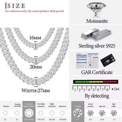 Fine Jewelry 925 Sterling Silver 3-Row Cuban Link Chain VVS Moissanite Diamond 15mm/20mm Hip Hop Style Gold Finish Necklace