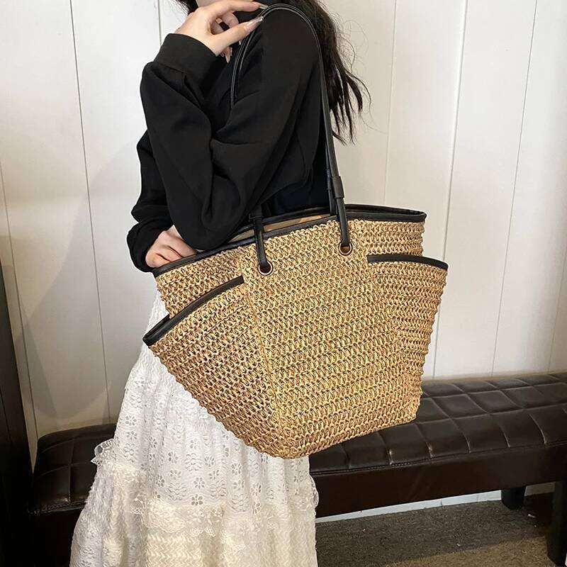 MOODS Straw Fabric Shoulder Tote Bags For Women Summer Beach Travelling Shopper Totes Big Capacity Designer Handbags