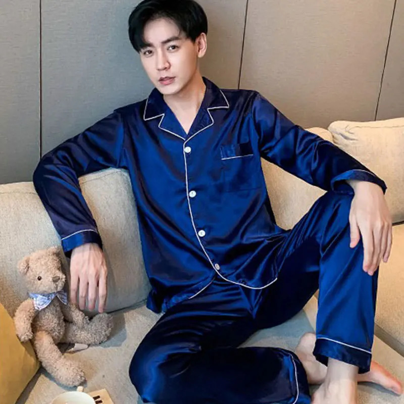 Summer Lapel LongSleeved Cardigan Pajamas Men Korean Version of the Solid Colour Light Mature Youth Casual Mens Silk Home Clot 250614