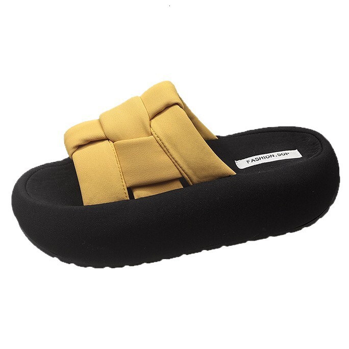 Ddmysports Thick Woven Slippers For Women Outdoor Wear Summer New Flat One Word Casual Soft Sole Versatile Sandals Outdoor Shoes