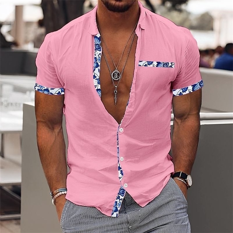Fashionable Mens Hawaiian Shirt Casual Solid Color Printed Beach Pocket Short Sleeve Large Size 5XL Style Multi 250528
