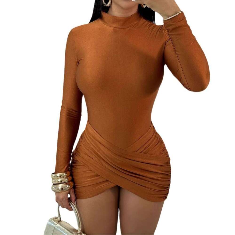 Autumn New Elastic Long Sleeve Tie Patchwork Slim Fit Sexy Solid Color Dress For Women B5
