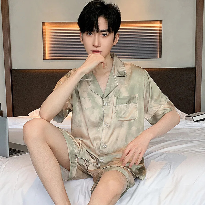 Ice Silk Pajamas Suit Men Spring Summer Typle Fashion Short Sleeve Polyester Loungewear Male Sleepwear Geentlemen Homewear 250614