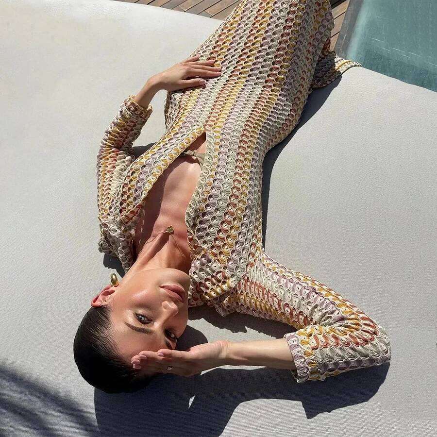 Para Praia Hollow Out Knitted Long 2025 Dress Bikini Swimwear Cover Ups Sexy Beach Outfits For Women Beachwear