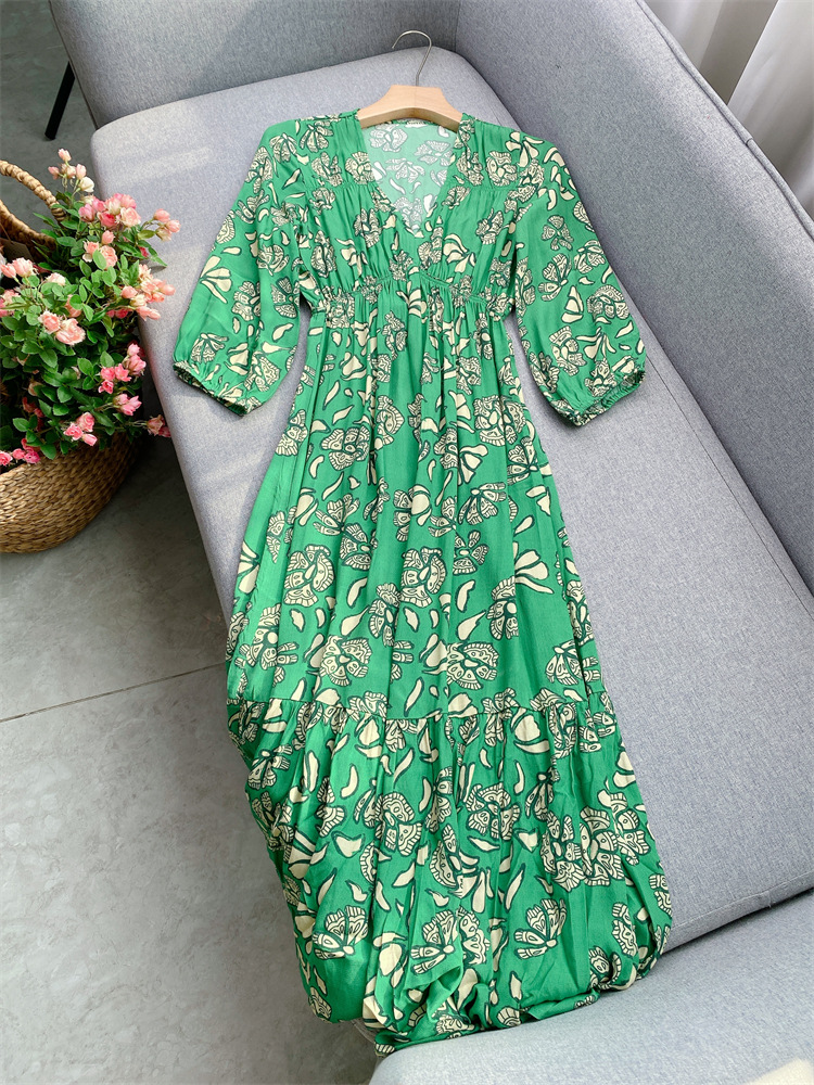 2025 Summer Black Floral Print Panelled Dress 3/4 Sleeve V-Neck Midi Casual Dresses GL5L12 Check Size Chart Please