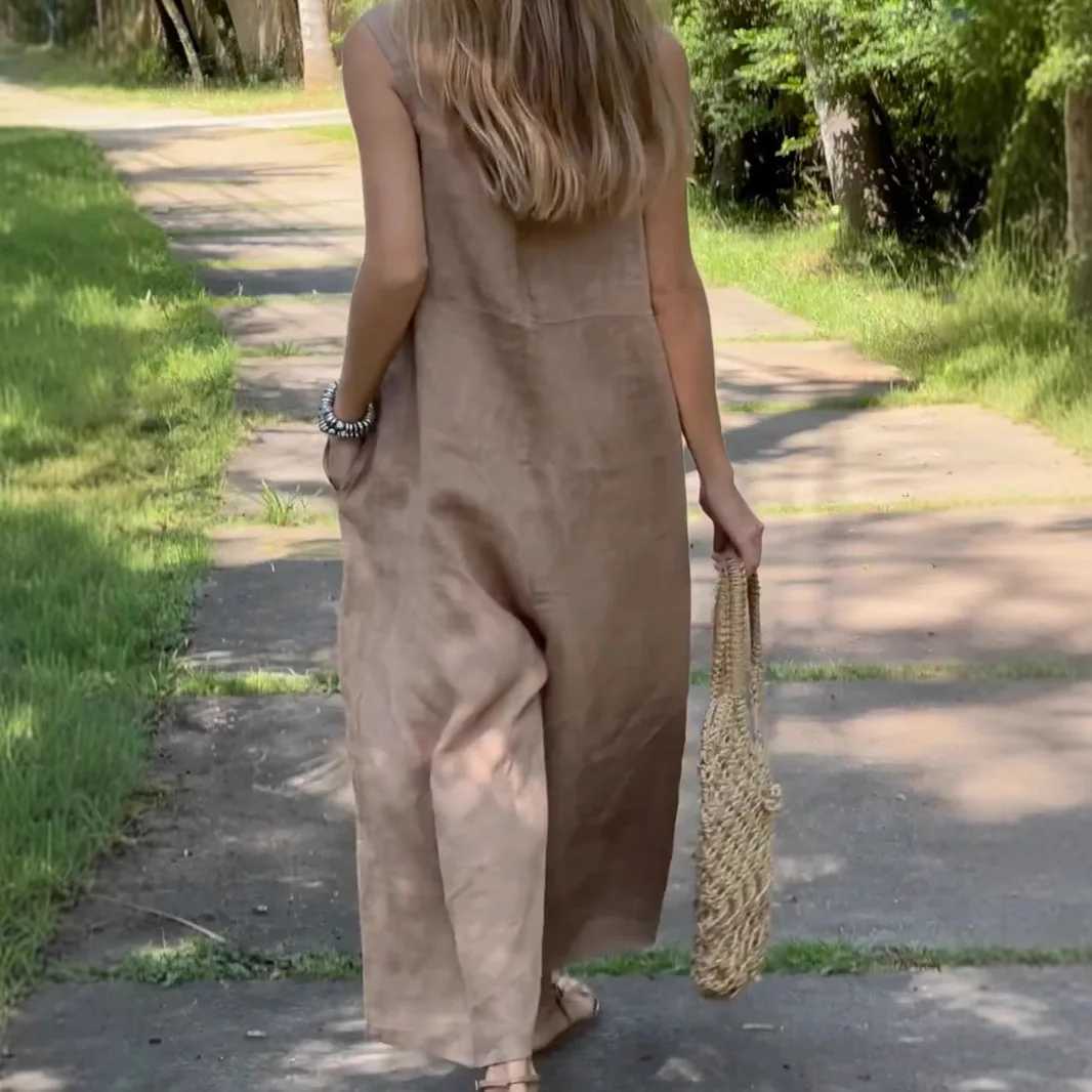 Summer Cotton Linen Oversize Jumpsuits Women Overalls Square Collar Sveless Loose Overalls Fe Casual Trendy Lady ClothesXJ250616