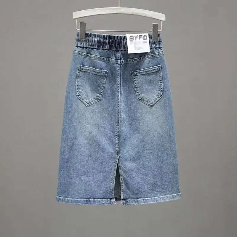 To Knees Length Sexy Zipper with Slit Coquette Midi Womens Denim Skirt Female Jeans Skirts Pocket Chubby Blue Summer 2024 V
