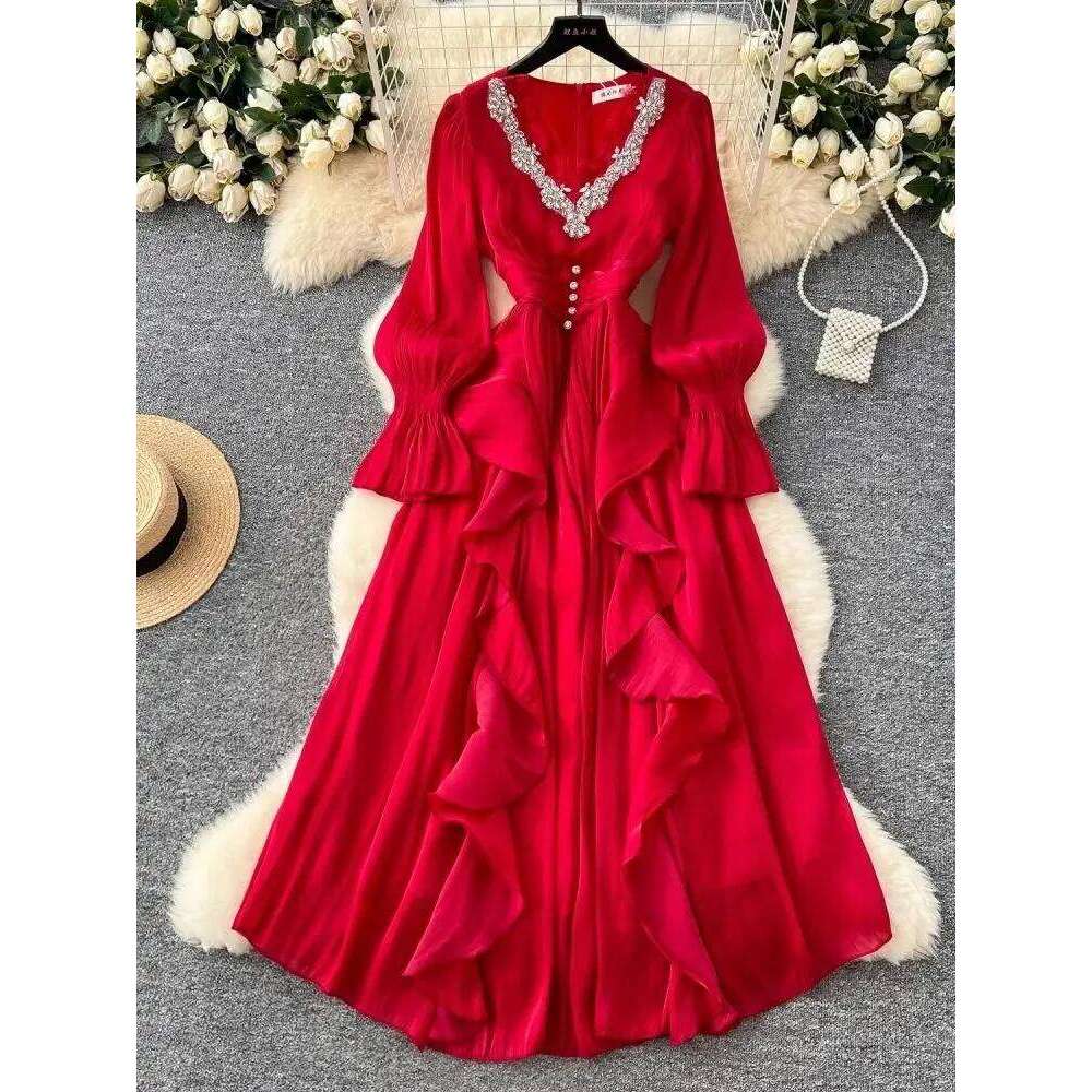 Elegant Dias Beading V Neck Evening Party Dress Women's Long Lantern Sleeve High Waist Gloss Ruffles Pleated Prom Vestidos