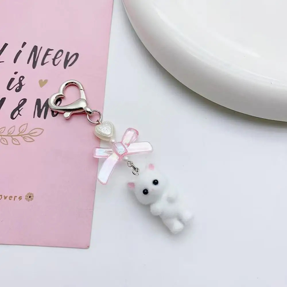 Cute Cartoon Flocking Cat Keychain Y2K Heart Bow Shaped Key Ring For Women Girls Handbag Backpack Pendant Decoration Gift 250606