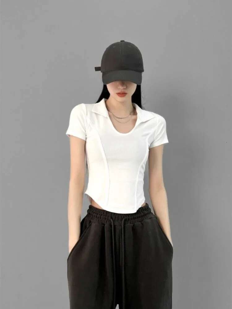 Polo Neck Shirt for Women Cotton Sexy Crop Top Woman T Coquette Clothes Plain New Basic Offer Comfortable Clothing Sales