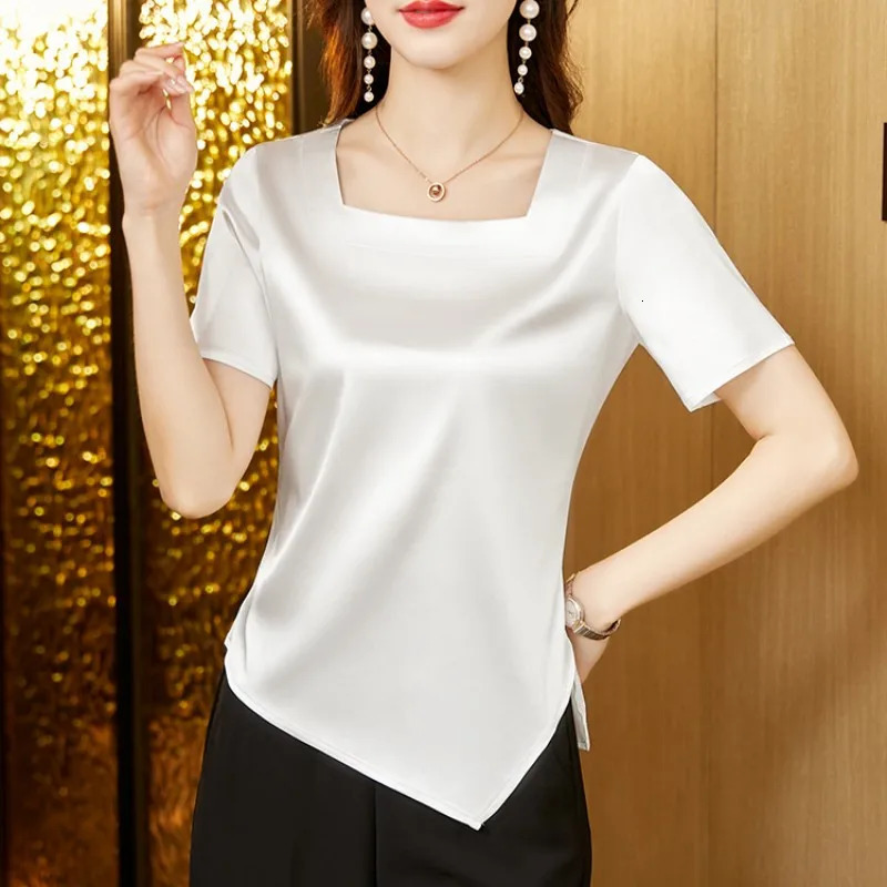 Satin Blouse Women Square Collar Womens Tops Silk Short Sleeve Blouses Elegant Ladies Tops 2025 Fashion Summer Female Clothing 250614