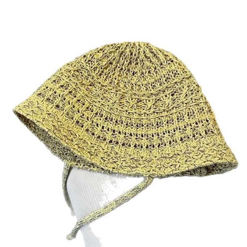New Arrival Korean Mixed Color Woven Strap Bucket Hat Summer Breathable Hollow Casual Versatile Sunshade Foldable Knitted Sun Cap for Women U250616