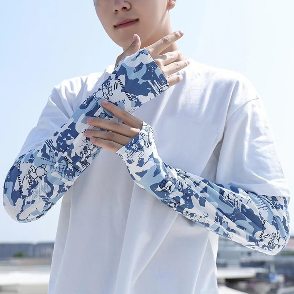Fashion Camouflage Print Ice Silk Anti-UV Arm Sleeves Breathable Men Sunscreen Sleeves Non-slip Half Finger Fishing Run Sleeves 250610
