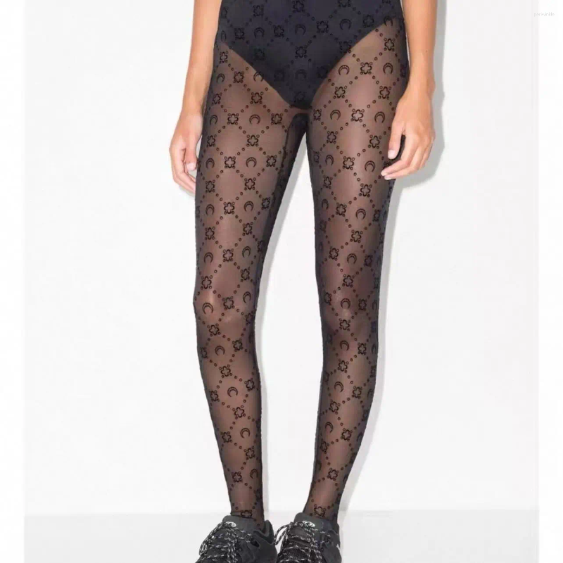 Women's Jumpsuits Rompers Women's Crescent Moon Perspective Mesh Flocking Leggings Fashion Sexy Pants Book Women