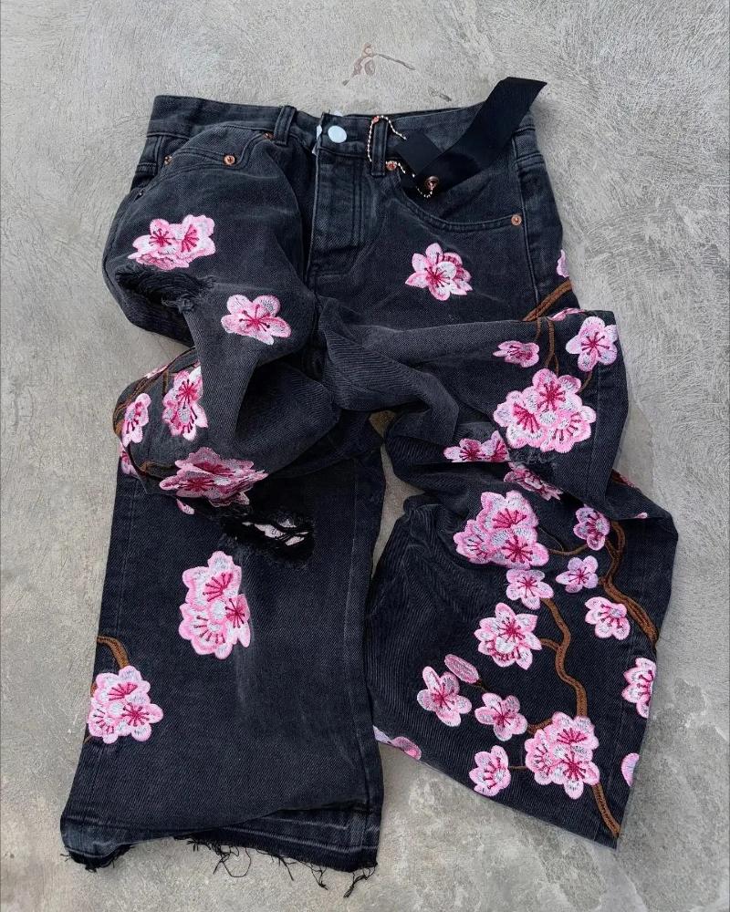 Men's Jeans Streetwear Retro Hip Hop Flower Embroidery Pattern Y2k Men And Women Casual Black Baggy Low Rise Gothic Denim Pants