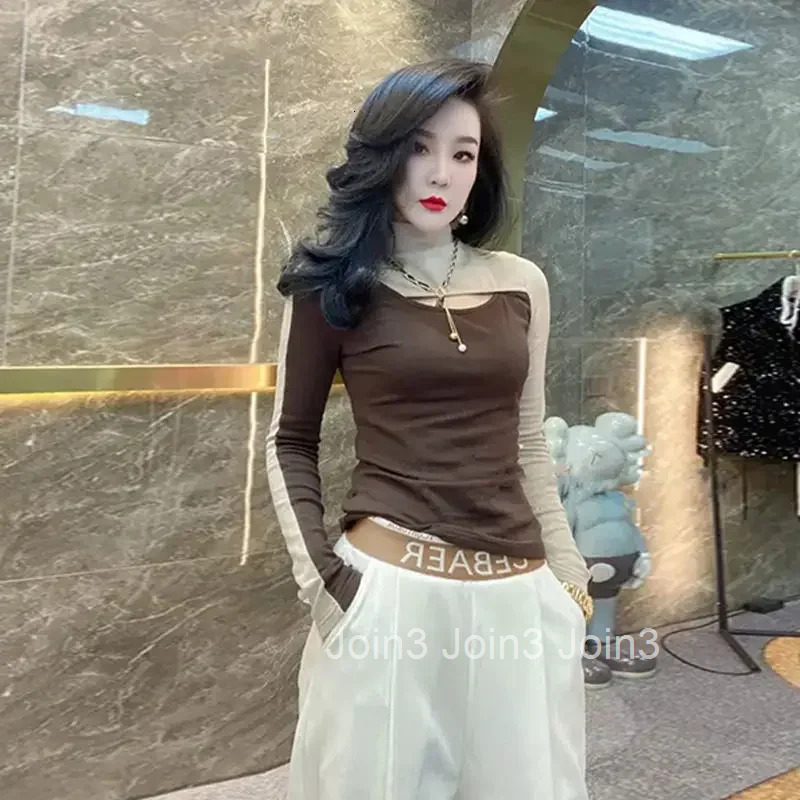 With Sleeves Womens Long Sleeve T-shirt Slim Turtleneck Top Female Korean Fashion Y2k Clothes 2025 High Quality Basic Tee Korea