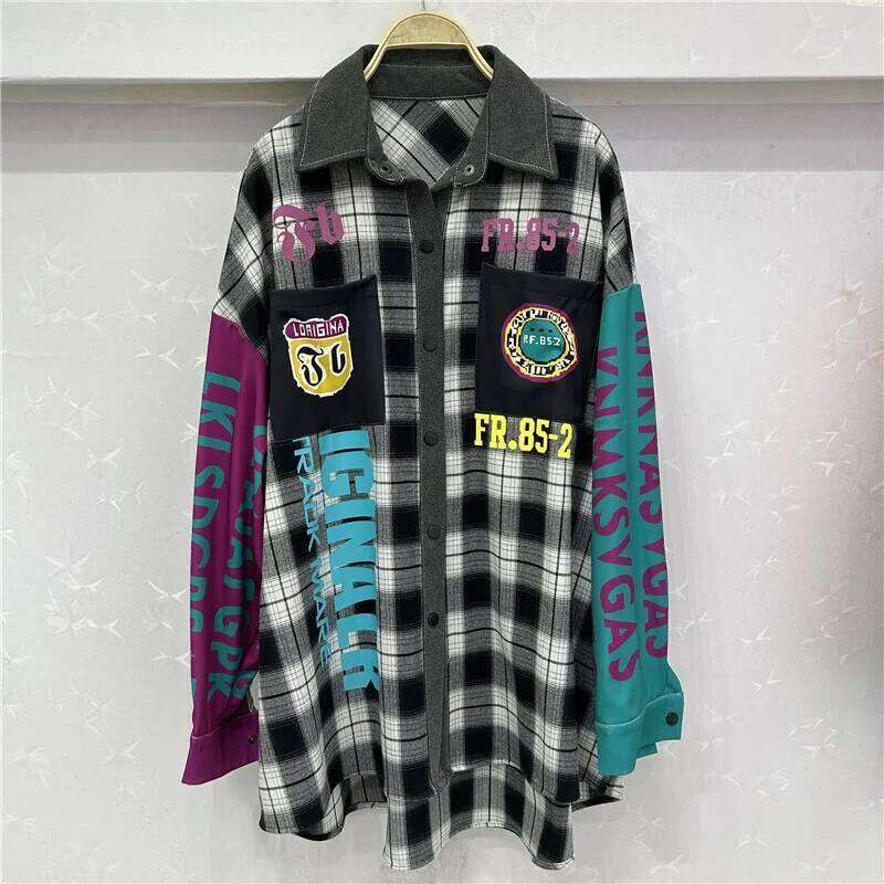 WTHT Trendy Women's Patchwork Contrast Color Plaid Print Design Loose Shirt 2025 Spring New Long Sleeves Blouse Female 1LS1002