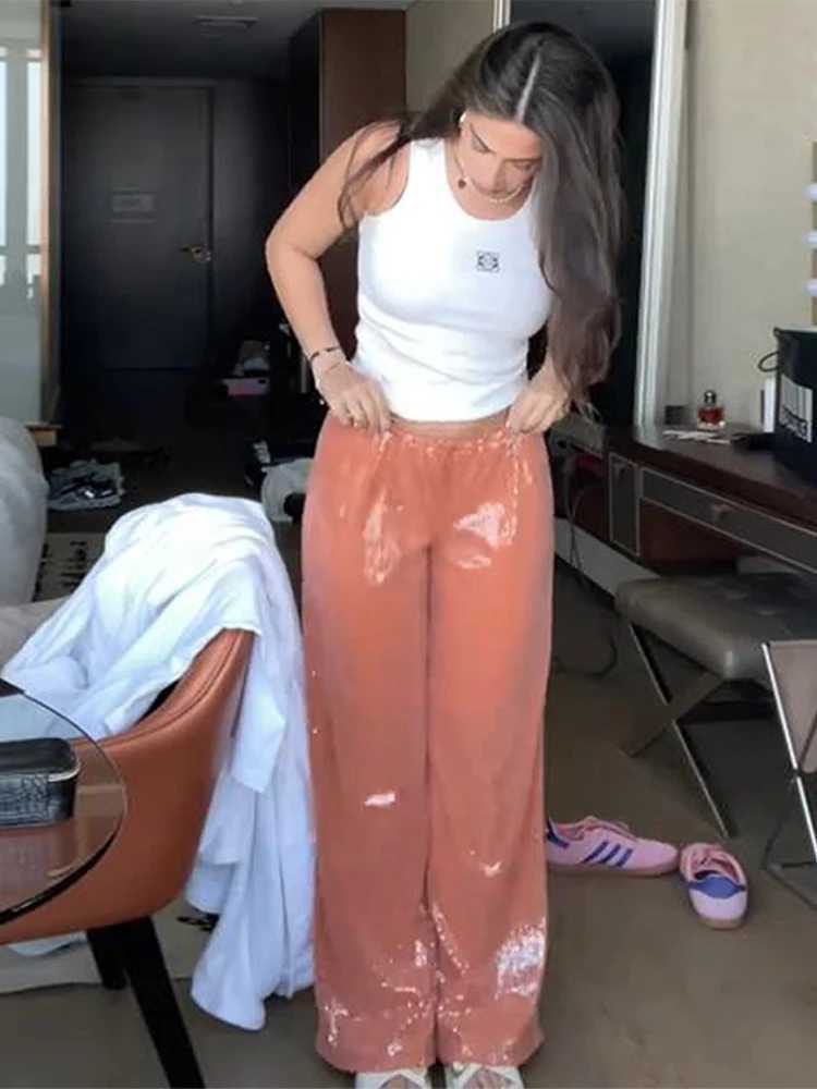 Fashion Sequined Pants Women Solid Loose Drstring Wide Straight Party Club Trousers 2025 Spring Summer Chic Streetwears LadyXJ250616