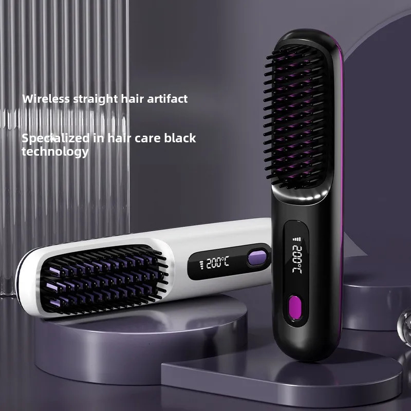 LCD Straight Hair Comb Portable Travel Straightener AntiScald Heated Styling Brush USB Charging Cordless 250606