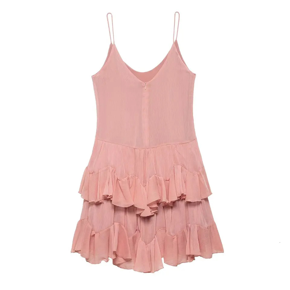 DUOPERI Women Summer Pink Ruffled ALine Mini Dress Back Zipper Thin Straps VNeck Female Elegance Chic Lady Dresses 250611