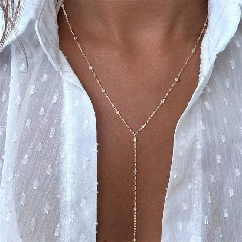 New Arrival Vintage Gold Color Long Chain Drop Necklaces for Women Simple Metal Geometric Bead Tassel Choker Girls Party Aesthetics Jewelry V250616