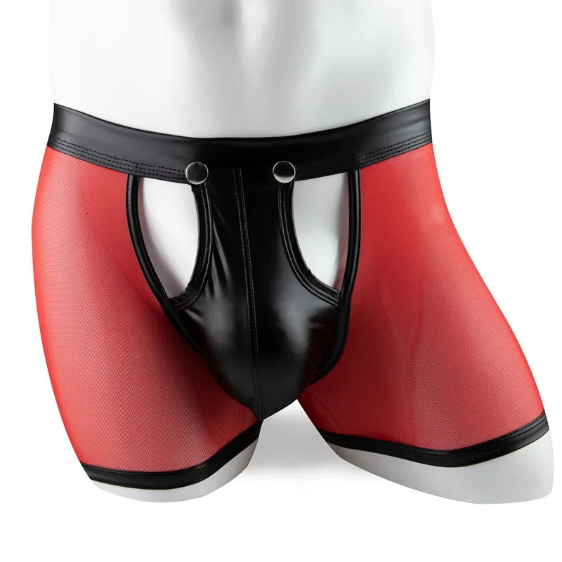 Mens Boxers Shorts Transparent Mesh Underwear Man Panties Faux Leather Detachable Buckle Pouch Underpants Cueca Calzoncillo 250614