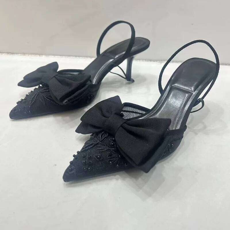 2025 Bowknot Women Pointed Sandals Black Mesh Designer Elegant Formal Footwear Charm Embroider High Heels Ladies Shoes