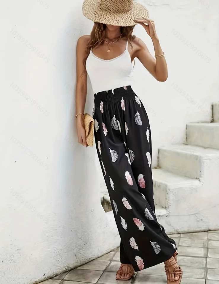 Feather Print Wide Leg Pants Casual Shirred Waist Loose Pants For Spring Summer Womens Clothing XJ250616