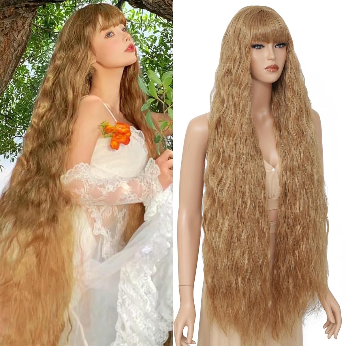 40 inch women's long wavy wig with bangs faux hair texture, natural appearance synthetic heat-resistant hair Bohemian wig for daily parties and H