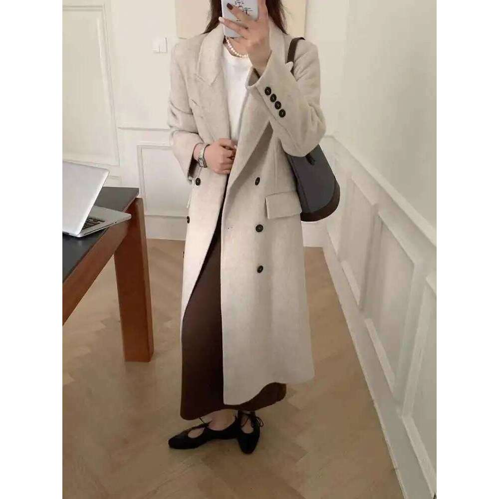 LANMREM Korean Style Wool Coat Notched Collar Double Breasted Long Sleeves Office Lady Overcoat 2025 Spring Winter 2Db1226