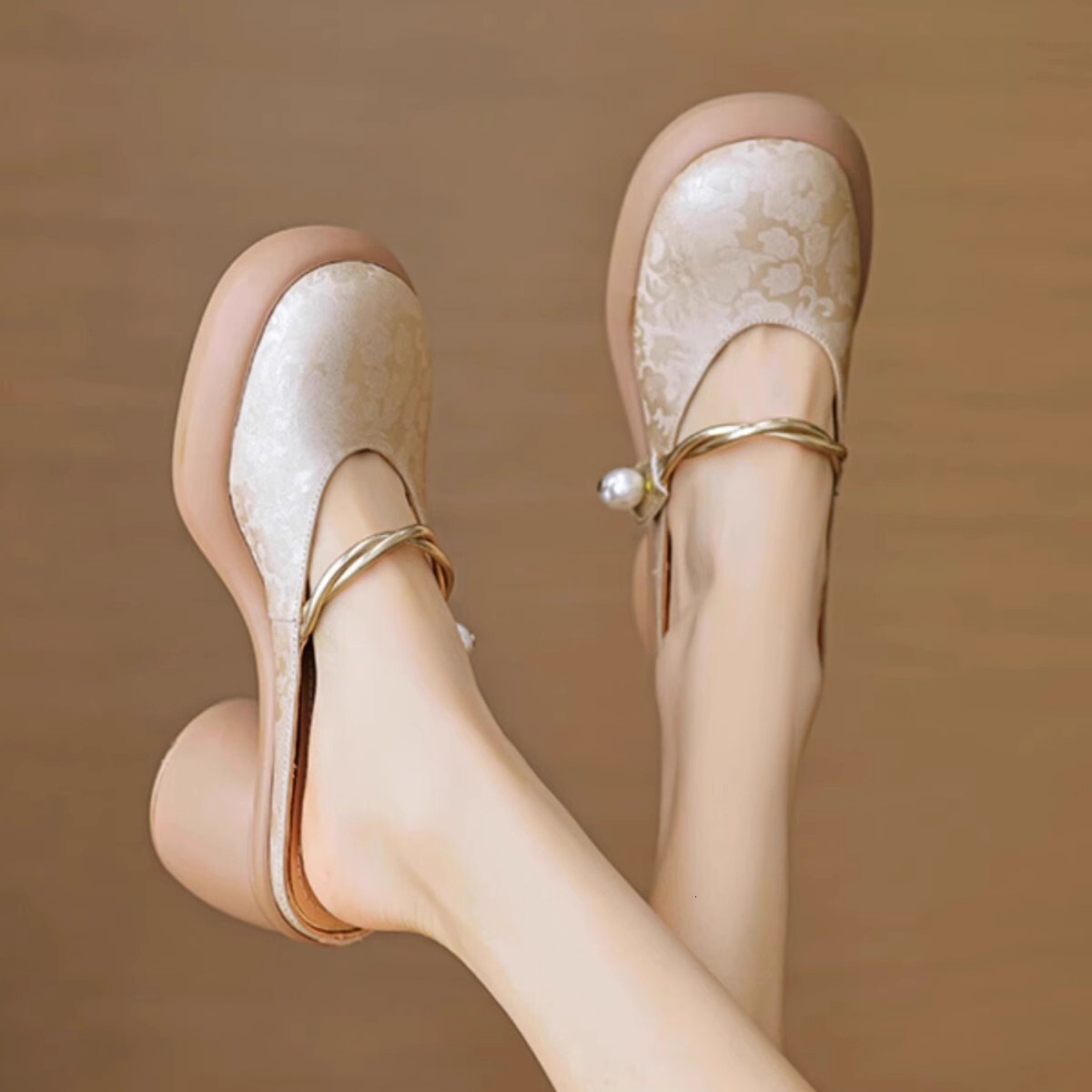 Ddmysports Petite Thick Soled High Heeled Closed Toe Sandals For Women Summer Chunky Heel Chinese Style One Strap Outdoor Half Slippers Outdoor Shoes