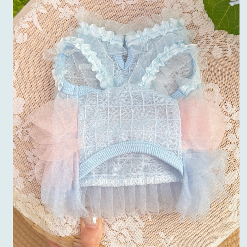 Gradient Gauze Lace Dog Dresses for Small Dogs Girl with D-Ring, Luxury Dog Party Dress with Multi-Layer Princess Tutu Skirt, Summer Embroidered Puppy