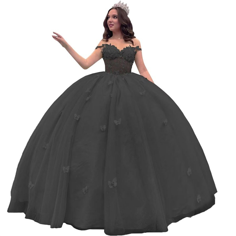 Ball Gown Quinceanera Dresses Spaghetti-strap Illusion Butterfly Appliques Bow Lace-up Plus Size Sweet 15 16 Princess Birthday Party Gowns Vestidos De