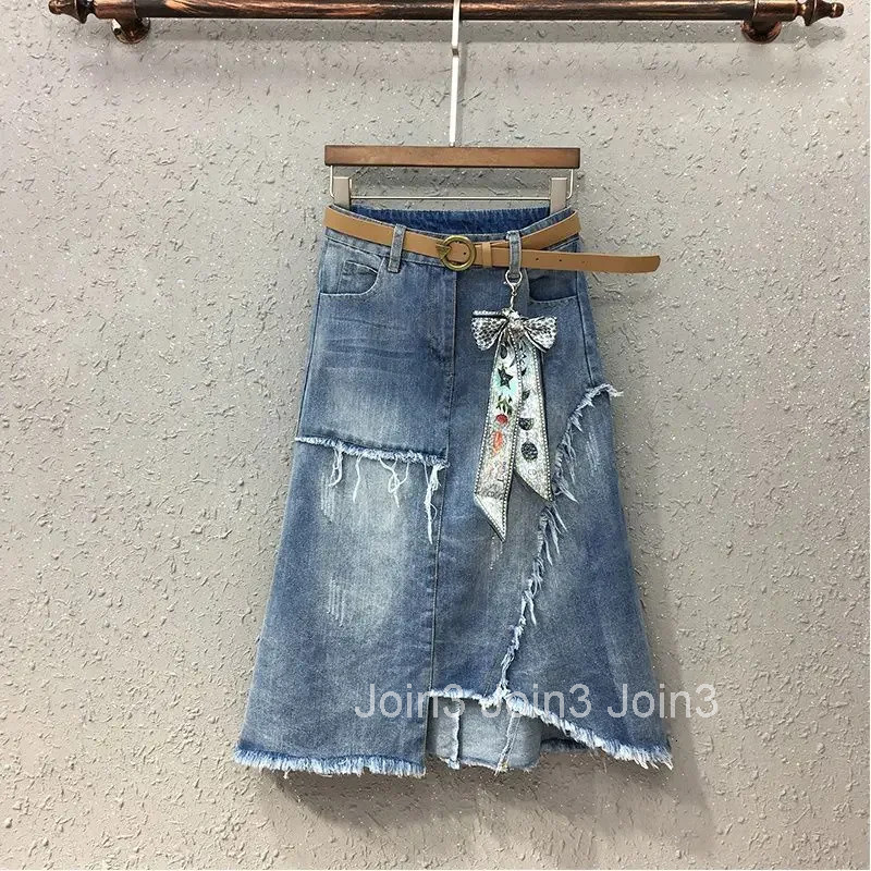 Zipper Jeans Skirts for Women High Waist Midi Patchwork Woman Denim Skirt with Pocket New in Clothing Trend 2025 Korean Style V